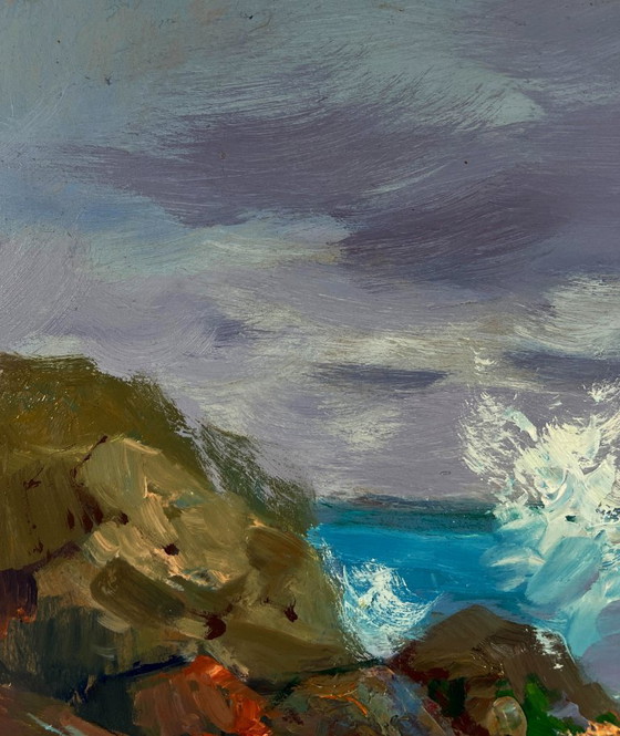 Image 1 of Original Oil Painting Coastal Waves Landscape Seagulls soaring over the endless sea