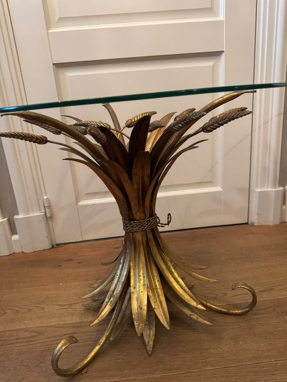 Hollywood Regency Side tables with golden grain motif, Metal, Glass (photo 4 of 10)