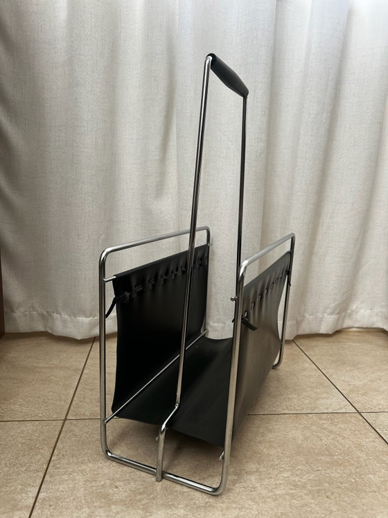 Vintage Voss Magazine Holder 70s Chrome & Skai, Magazine rack, Black (photo 3 of 5)