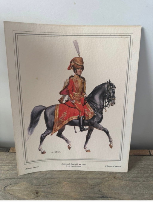 Preciosa lámina decorativa de arte militar que representa a un oficial de la Guardia Húngara del Imperio Austríaco (K.u.K.),