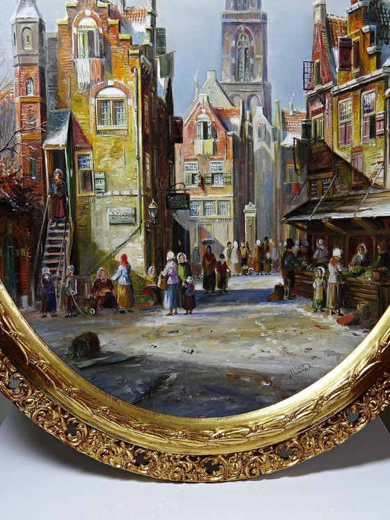 Image 1 of Large framed urban scene oil painting on wood by John Haanstra, vintage