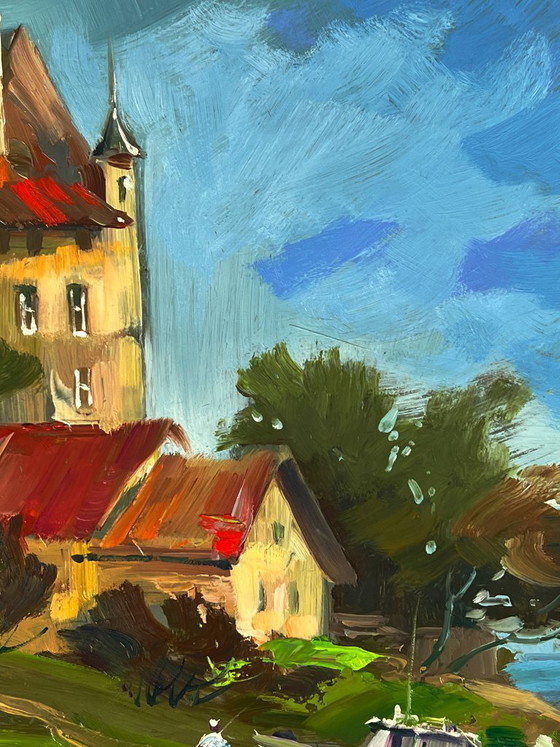 Image 1 of Peinture à l'huile originale, paysage rural estival, village riverain, quai de bateau