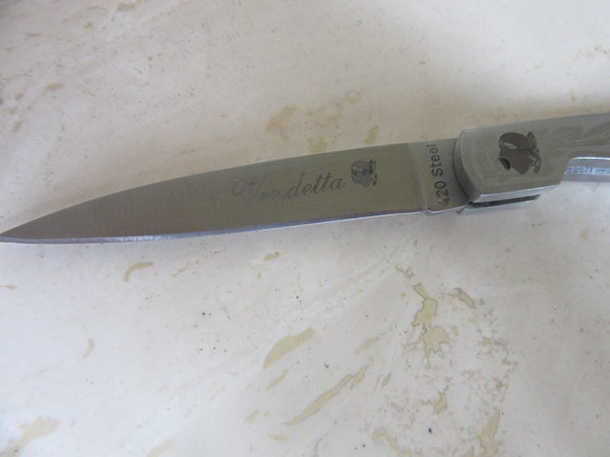 Image 1 of Vendetta Korsisches Taschenmesser, Klappmesser aus A20-Stahl und Knochen, mit Mohrenkopf- und Wildschweinmotiven, Vintage