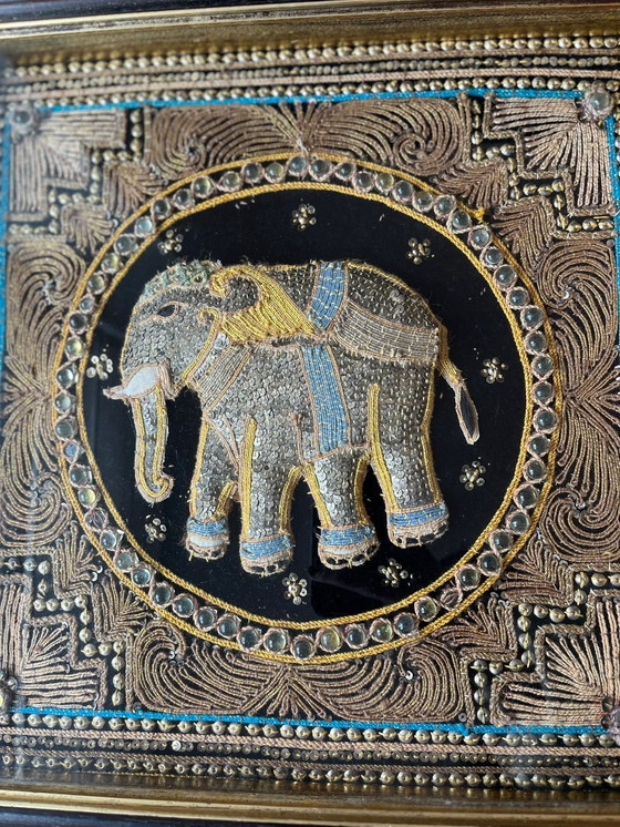 Image 1 of Vintage framed Burmese Kalaga rug elephant