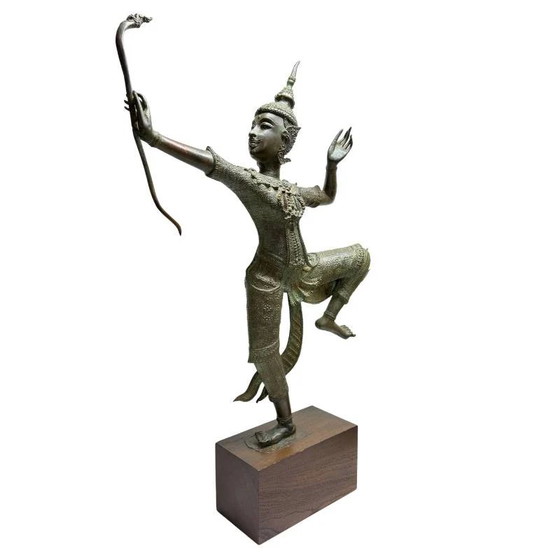 Antiek bronzen Rama beeld uit Thailand – krachtige hofstijl met beweging – lot 464 – Beeldhouwkunst, Wood (photo 2 of 25)