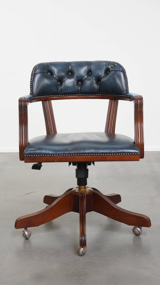 Image 1 of Blue cowhide leather and wood chesterfield office chair in English style