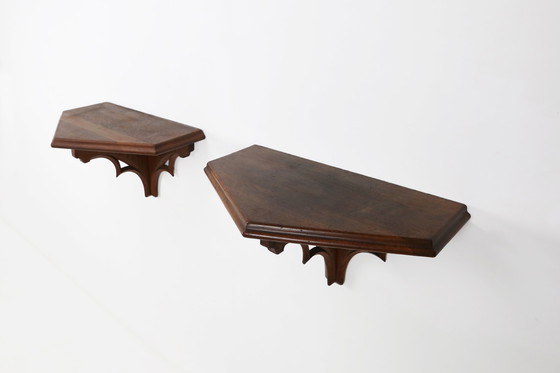 Image 1 of Paar von 2 antiken geschnitzten Eichenwandkonsolen, Frankreich ca. 1850