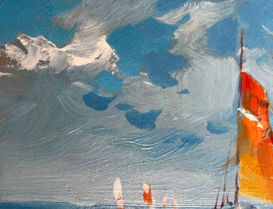 Image 1 of Peinture à l'huile originale représentant un paysage marin bleu « En voyage en mer »