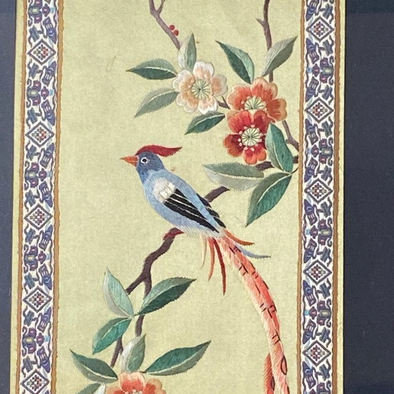 Image 1 of Antique Silk Embroidery Painting of a Bird and Flowers