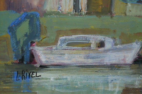 Image 1 of Lucie RIVEL, Boat moored on the canal. Framed gouache.