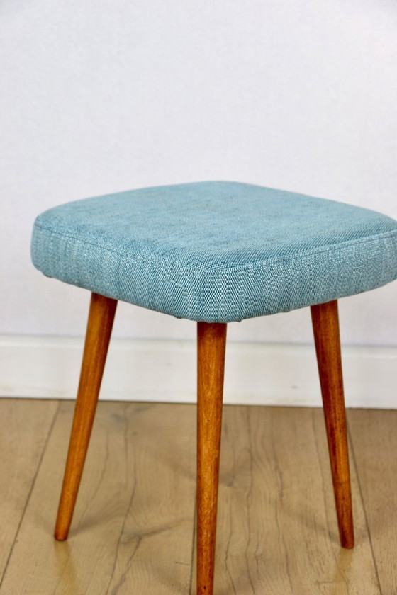 Image 1 of Blue turquoise square vintage stool PRL 1970s