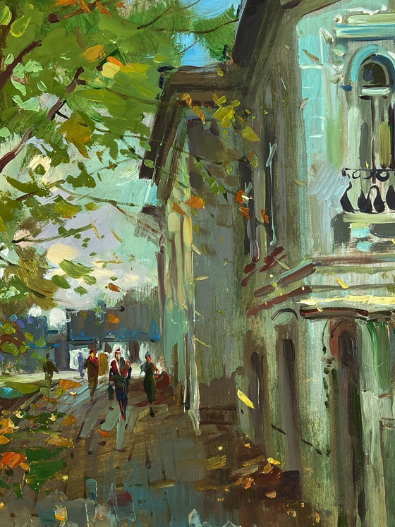 Image 1 of Peinture à l'huile originale représentant une rue de ville en journée