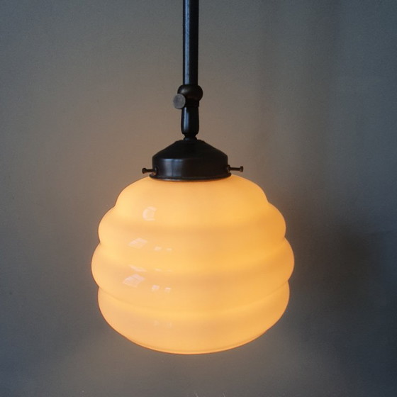 Image 1 of Long Vintage Art Deco Rose Opaline pendant lamp - hanging lamp