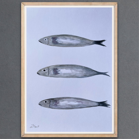 Image 1 of Framed watercolor "sardines" 30x21cm.