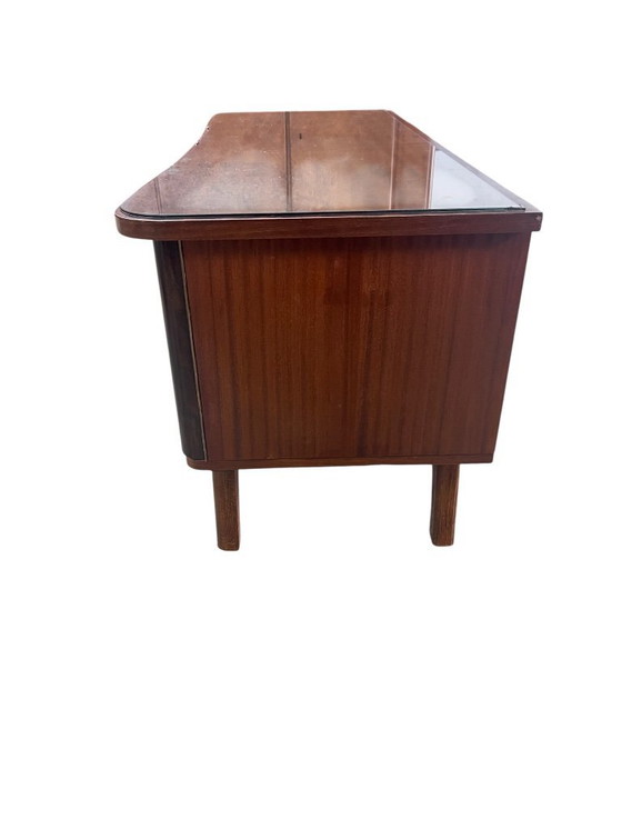 Image 1 of 50s wooden chest of drawers with brass band style elements, typical German Mid - Century design