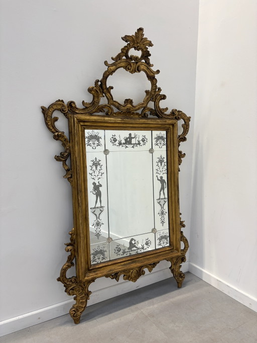 Grote Venetiaanse Rococo Vergulde Houten Spiegel met Geëtst Glas