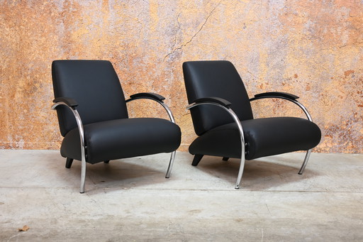 Reupholstered Black Leather Gelderland 5470 Armchairs