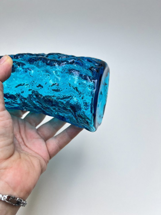 Image 1 of Vintage textured frosted glass vase, mid-century modern look, bark glass, Ingrid Whitefriars Bark turquoise blue
