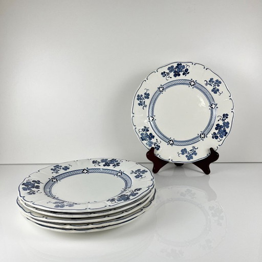 Set van 6 Terre de Fer KG Lunéville platte borden, model "Jane", blauw, 1890-1915