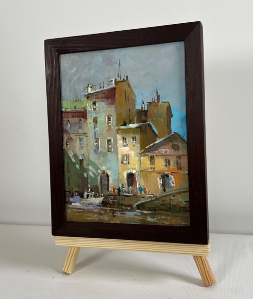 Original Oil Painting Gray City Landscape Shadows of a City Street