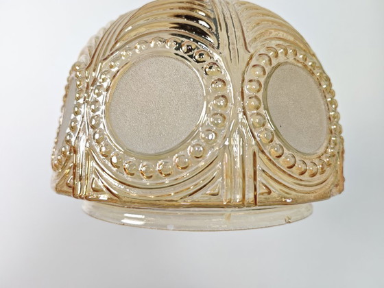 Image 1 of Vintage Amber Glass Pendant Light / 70s Mid Century Hanging Lamp / Retro Ceiling Light / Art Deco Style Glass Shade / Warm Ambie