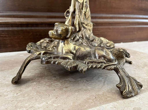 Portaombrelli o portautensili da camino in ottone vintage con scena di caccia