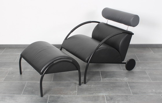 Image 1 of Black Leather Zyklus Lounge Chair + Hocker By Peter Maly For Cor