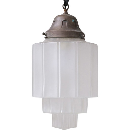 Lampada a sospensione Art Déco vintage in vetro opaco, Francia 1920
