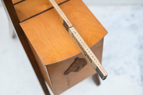 Image 1 of Pezzo unico, retrò e vintage!! Scatola da cucito di metà secolo con motivo a cavallo: contenitore in stile scandinavo retrò.