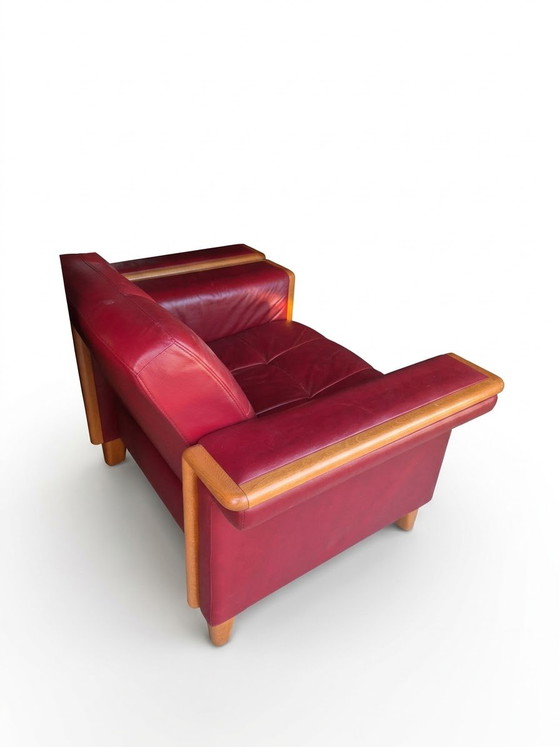 Magnifique Ensemble Vintage Ekornes Stressless – 2 Fauteuils + Double Pouf/Table Basse – Cuir Rouge – Leather (photo 2 of 5)