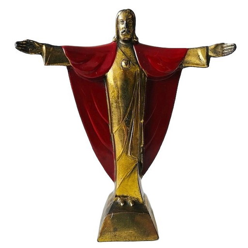 Vintage Jesus statue, brass enamel, red, 15 cm, 1950s