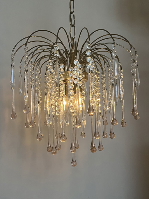 Xl Vintage Italian Crystal Teardrop Chandelier Pink Pearls Copper Frame !