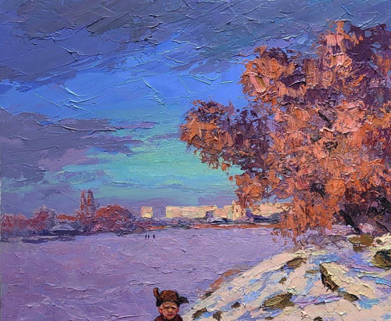Original Oil Painting Winter Landscape City Outskirts Ice on the River – Paintings & Drawings, Canvas (photo 4 of 7)