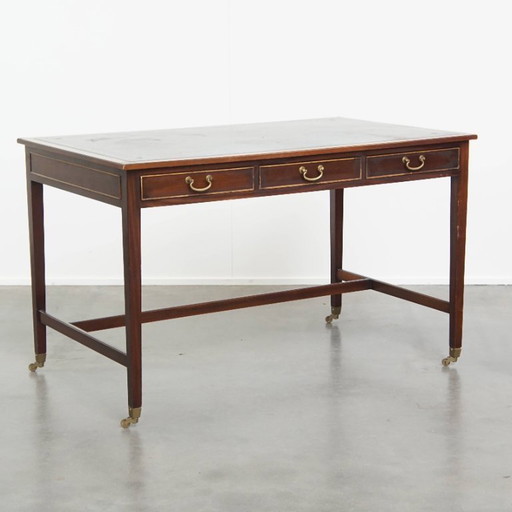 Bureau à l'anglaise sur roulettes avec plateau en cuir bleu