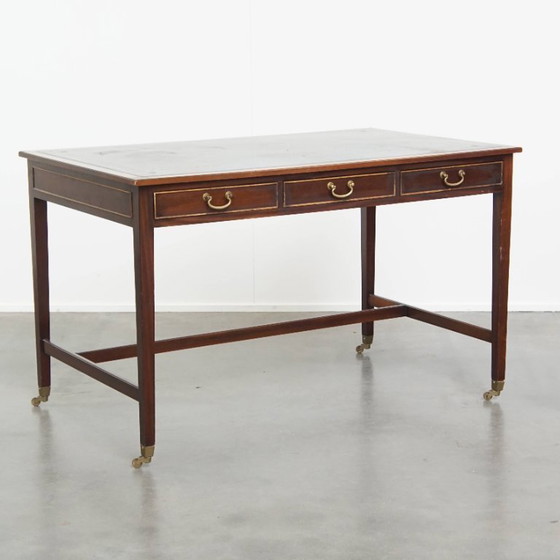 Image 1 of English style writing table/ desk on wheels with blue leather top