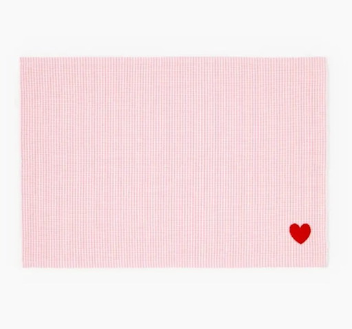 Set of 4 pink and white gingham cotton placemats with heart embroidery