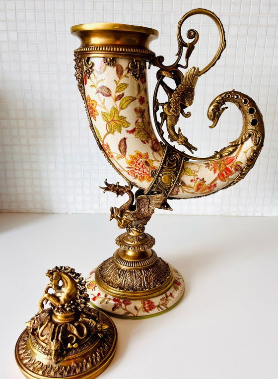 Image 1 of ¡¡¡¡¡UNA CORNUCOPIA DE PORCELANA MONTADA EN BRONCE CUERNO 53 CM OBRA MAESTRA !!!!!