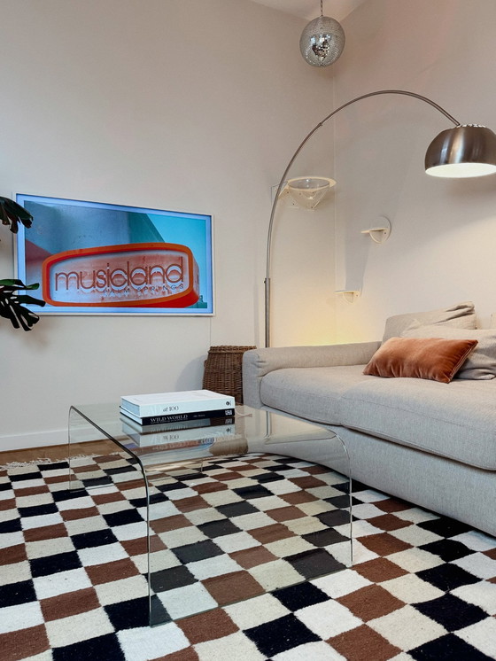 Image 1 of Tapis en laine noir-blanc-marron à carreaux géométriques tissé à la main - 100% laine naturelle de Tunisie