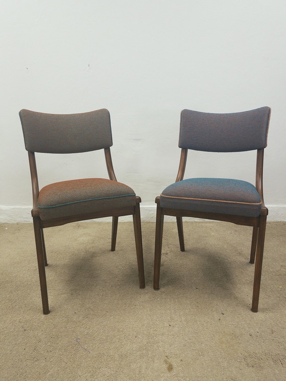 Mid century eetkamerstoelen, Hout, Textiel, Turquoise (foto 7 van 9)