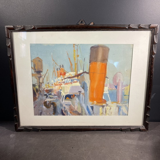 Jules Van De Leene, Paquebot au quai, années 1920, Gouache – Peintures et dessins, Paper, Wood, Art Deco (photo 11 of 11)