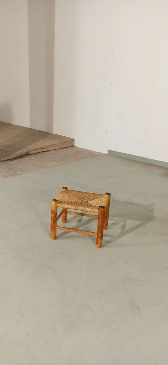 Image 1 of Vintage low stool, wood and wicker 