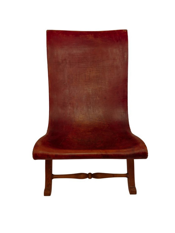 Image 1 of Red leather slipper chair by Pierre Lottier for Valenti