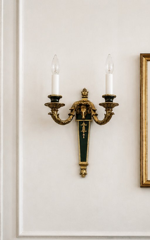 Pair of Vintage Ram's Head Wall Sconces – Louis XVI / Empire Style – Green & Gold – wandlampen, Brass (photo 2 of 10)