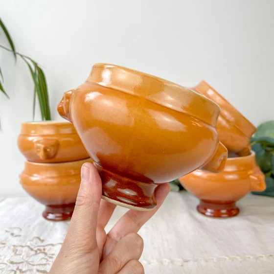 5 Ciotole Vintage Emile Henry Ceramica Testa Leone Zuppa Cipolle - Sfumatura Miele/Marrone, Francia - (photo 4 of 9)