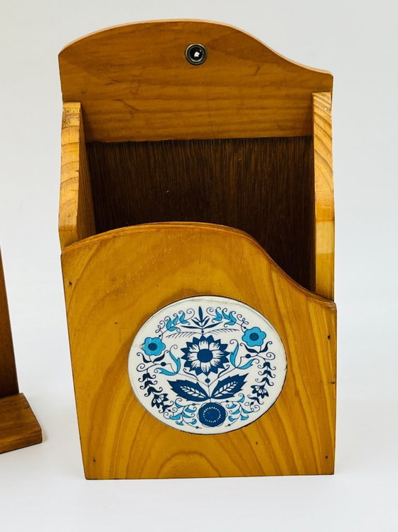 Image 1 of Wooden wall-mounted egg cup holder and utensil holder