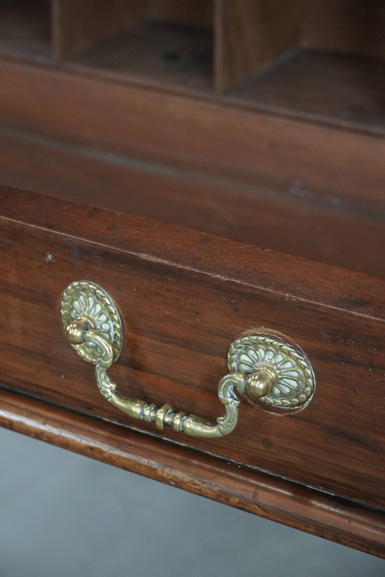 Image 1 of 19th century English antique oak wall desk/writing table on castors