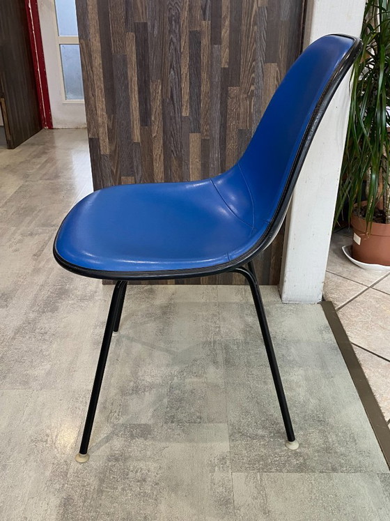 Image 1 of DSX chair, blue fiberglass, vinyl upholstery, Eames Herman Miller vintage 70s