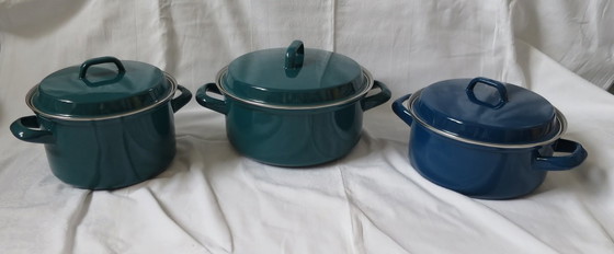 Image 1 of 3 potten geëmailleerd oud origineel retro vintage met deksel elektrisch staal