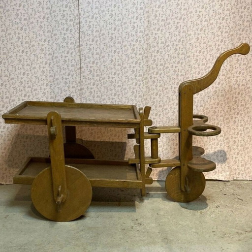 Chariot ou chariot de bar en chêne brutaliste du milieu du siècle dernier, 1950S