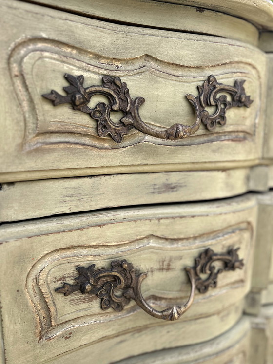 Image 1 of Antique curved chest of drawers with a pistachio green patina